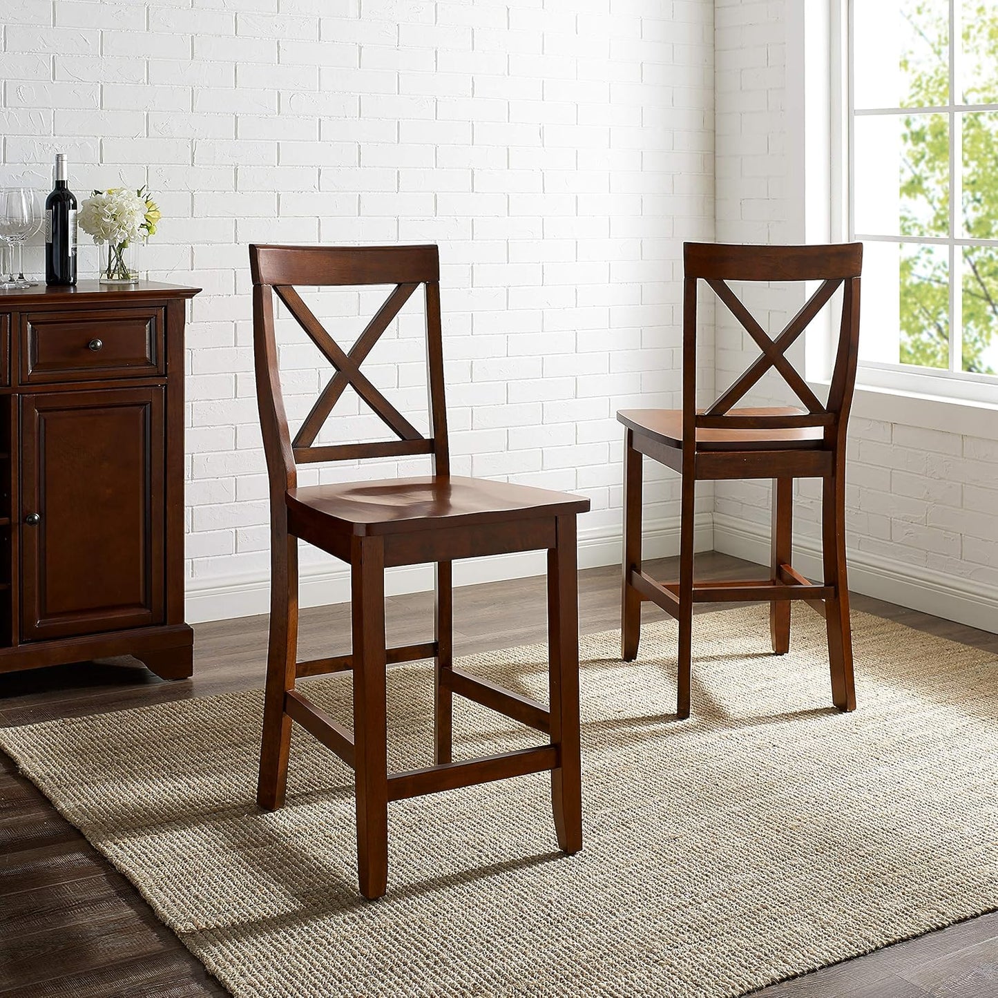 Crosley Furniture X-Back Wood Counter Height Bar Stools Set of 2, Vintage Mahogany, 24-inch