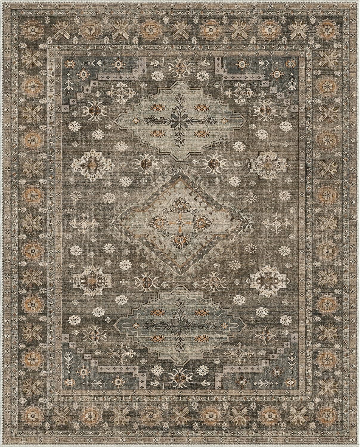GENIMO 9x12 Area Rugs for Living Room, Machine Washable Low Pile Rugs, Non Slip Vintage Rug for Bedroom, Dining Room, Home Office, Kitchen, Distressed Deep Brown