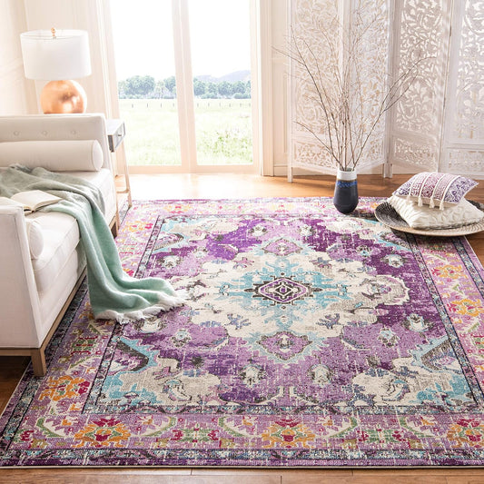 SAFAVIEH Monaco Collection Area Rug - 8' x 11', Violet & Light Blue, Boho Chic Medallion Distressed Design, Non-Shedding & Easy Care, Ideal for High Traffic Areas in Living Room, Bedroom (MNC243L)