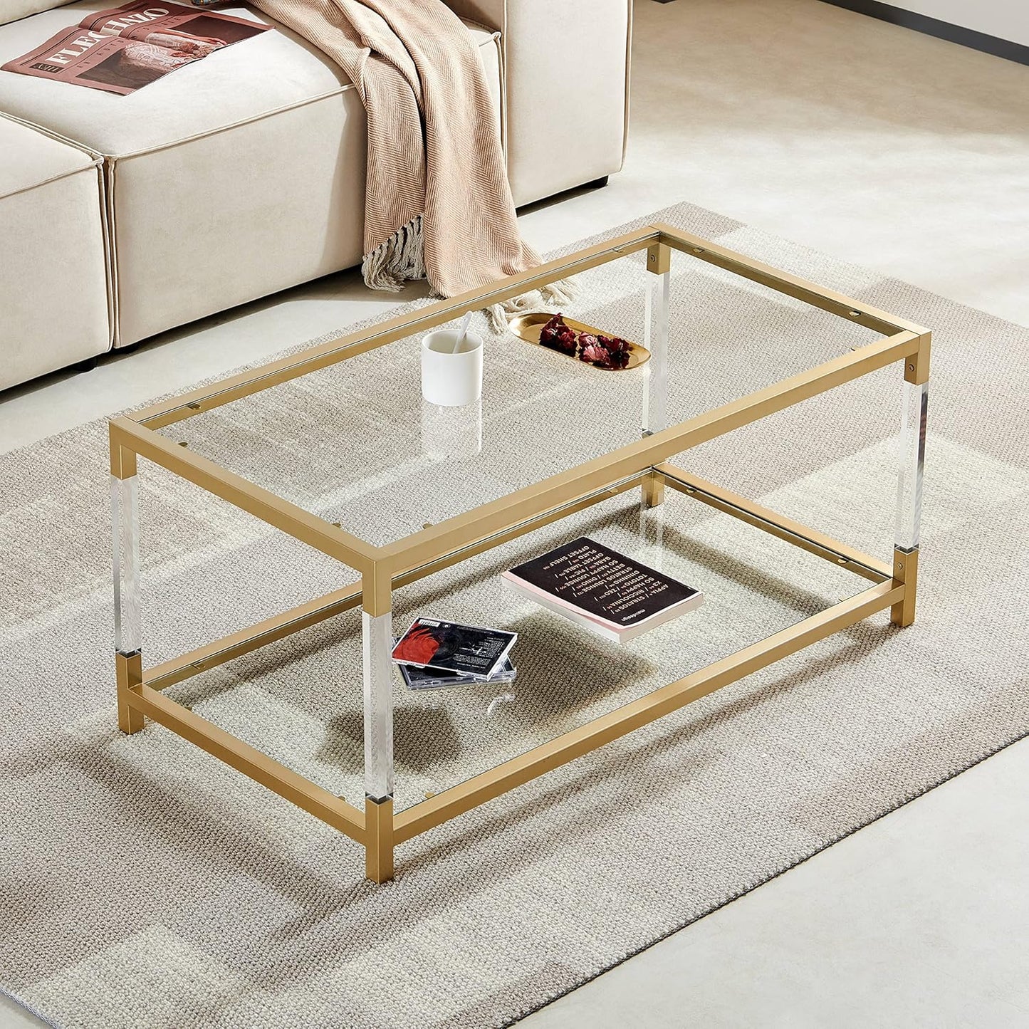 AGV LIGHTING 202205 BLEVIO Coffee Table, Modern Design Dual-Layer Coffee Table, Perfect for Living Space, Ultra-Clear Glass Top, Transparent Acrylic Leg & Gold Finish Metal Frame