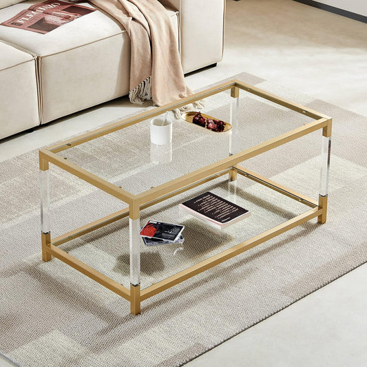 AGV LIGHTING 202205 BLEVIO Coffee Table, Modern Design Dual-Layer Coffee Table, Perfect for Living Space, Ultra-Clear Glass Top, Transparent Acrylic Leg & Gold Finish Metal Frame