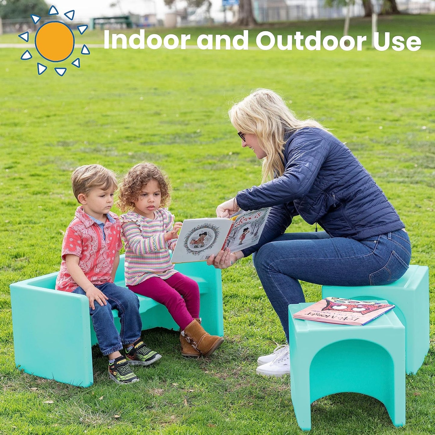 ECR4Kids Tri-Me Table and Cube Chair Set, Multipurpose Furniture, Aqua, 3-Piece