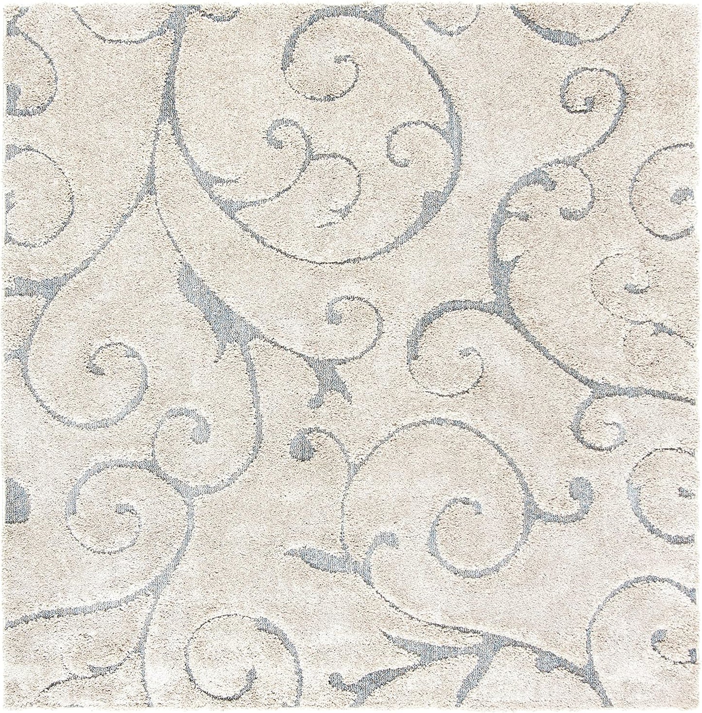 SAFAVIEH Florida Shag Collection Area Rug - 8' Square, Beige & Blue Grey, Scroll Design, Non-Shedding & Easy Care, 1.2-inch Thick Ideal for High Traffic Areas in Living Room, Bedroom (SG455-1155)