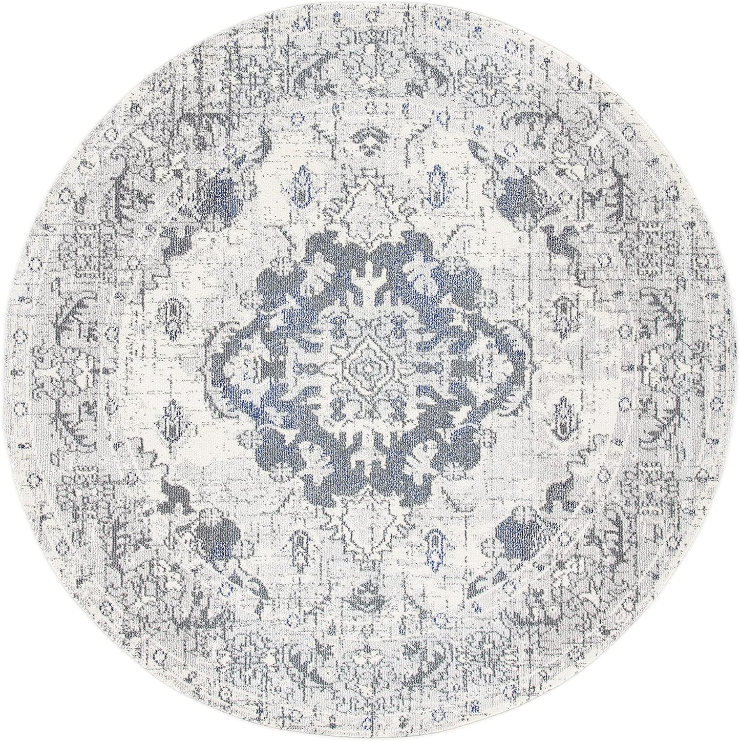 SAFAVIEH Monaco Collection Area Rug - 6'7" Round, Ivory & Grey, Boho Chic Medallion Distressed Design, Non-Shedding & Easy Care, Ideal for High Traffic Areas in Living Room, Bedroom (MNC243B)
