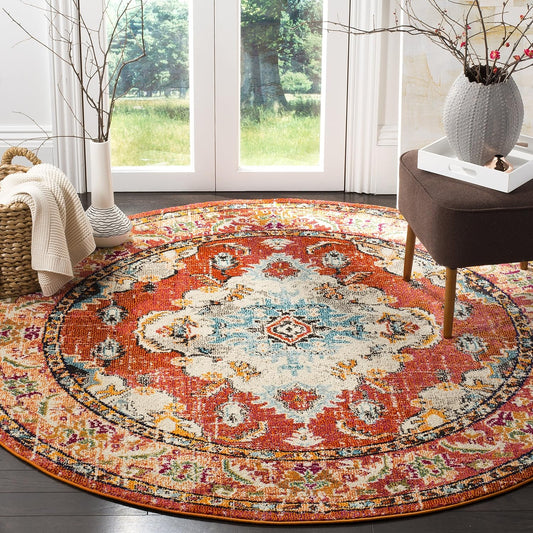 SAFAVIEH Monaco Collection Area Rug - 11' Round, Orange & Light Blue, Boho Chic Medallion Distressed Design, Non-Shedding & Easy Care, Ideal for High Traffic Areas in Living Room, Bedroom (MNC243H)