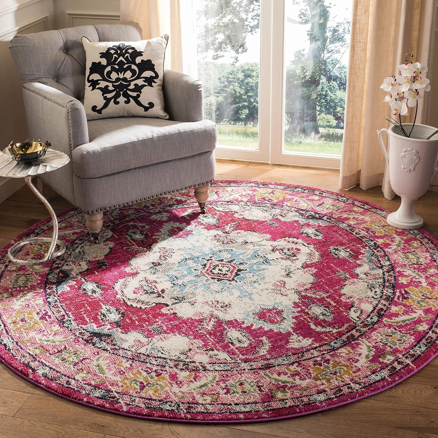 SAFAVIEH Monaco Collection 8' Round PinkMulti MNC243D Boho Chic Medallion Distressed Non-Shedding Living Room Dining Bedroom Foyer Area Rug