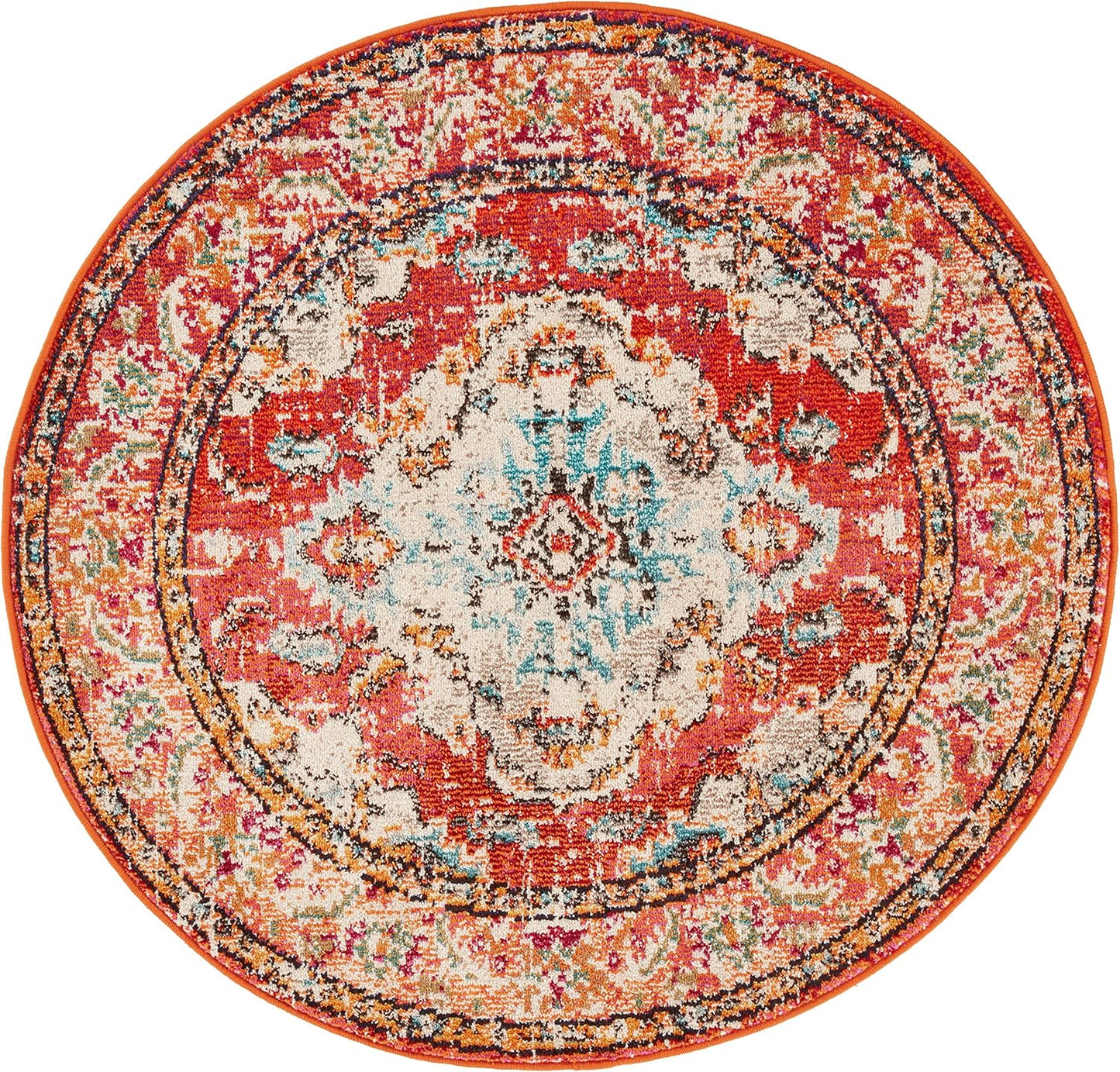 SAFAVIEH Monaco Collection Area Rug - 4' Round, Orange & Light Blue, Boho Chic Medallion Distressed Design, Non-Shedding & Easy Care, Ideal for High Traffic Areas in Living Room, Bedroom (MNC243H)