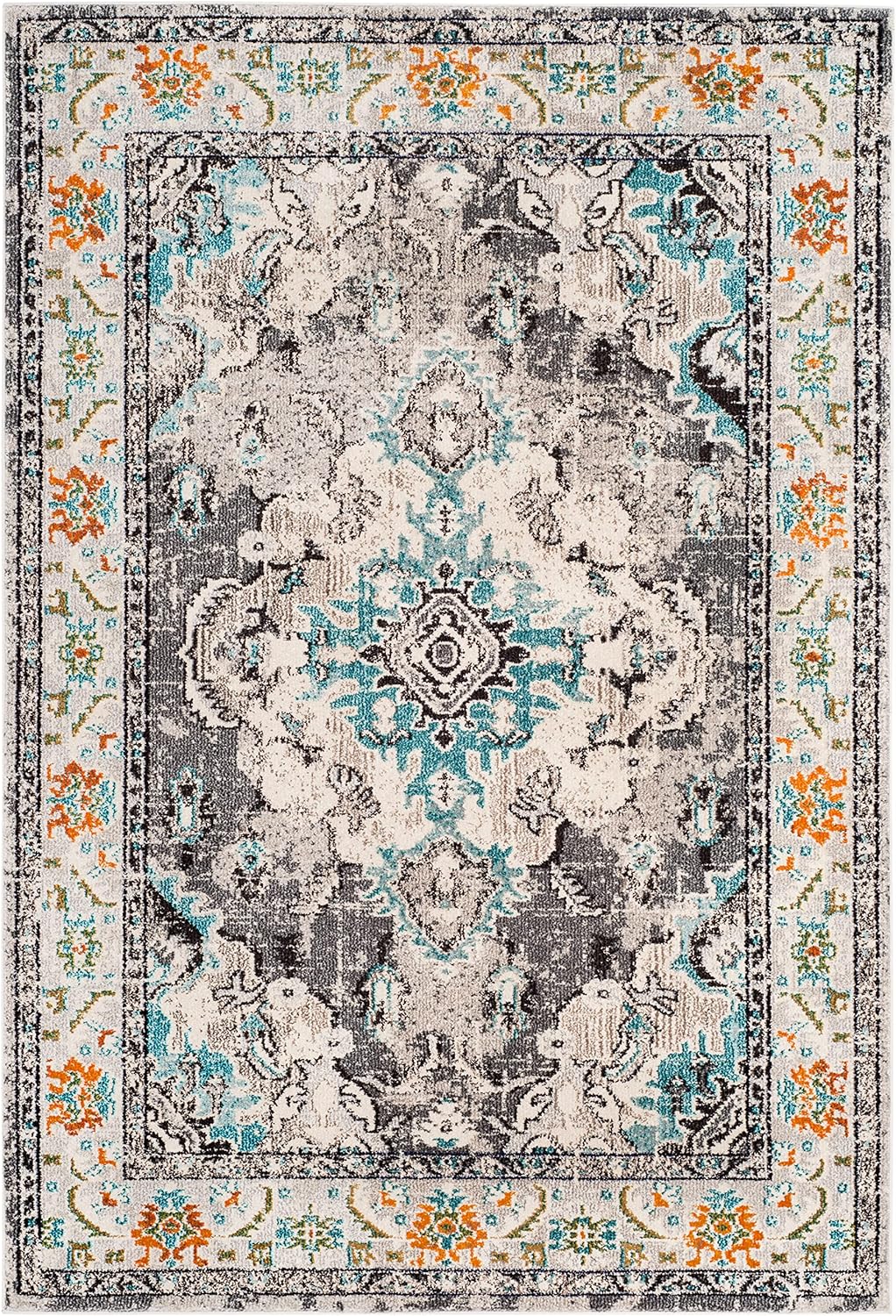 SAFAVIEH Monaco Collection Area Rug - 5'1" x 7'7", Grey & Light Blue, Boho Chic Medallion Distressed Design, Non-Shedding & Easy Care, Ideal for High Traffic Areas in Living Room, Bedroom (MNC243G)