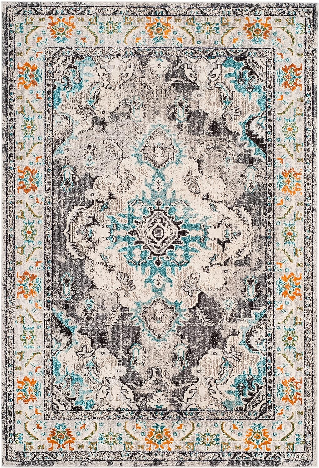 SAFAVIEH Monaco Collection X-Large Area Rug - 12' x 18', Grey & Light Blue, Medallion Distressed Design, Non-Shedding & Easy Care, Ideal for High Traffic Areas in Living Room, Bedroom (MNC243G)