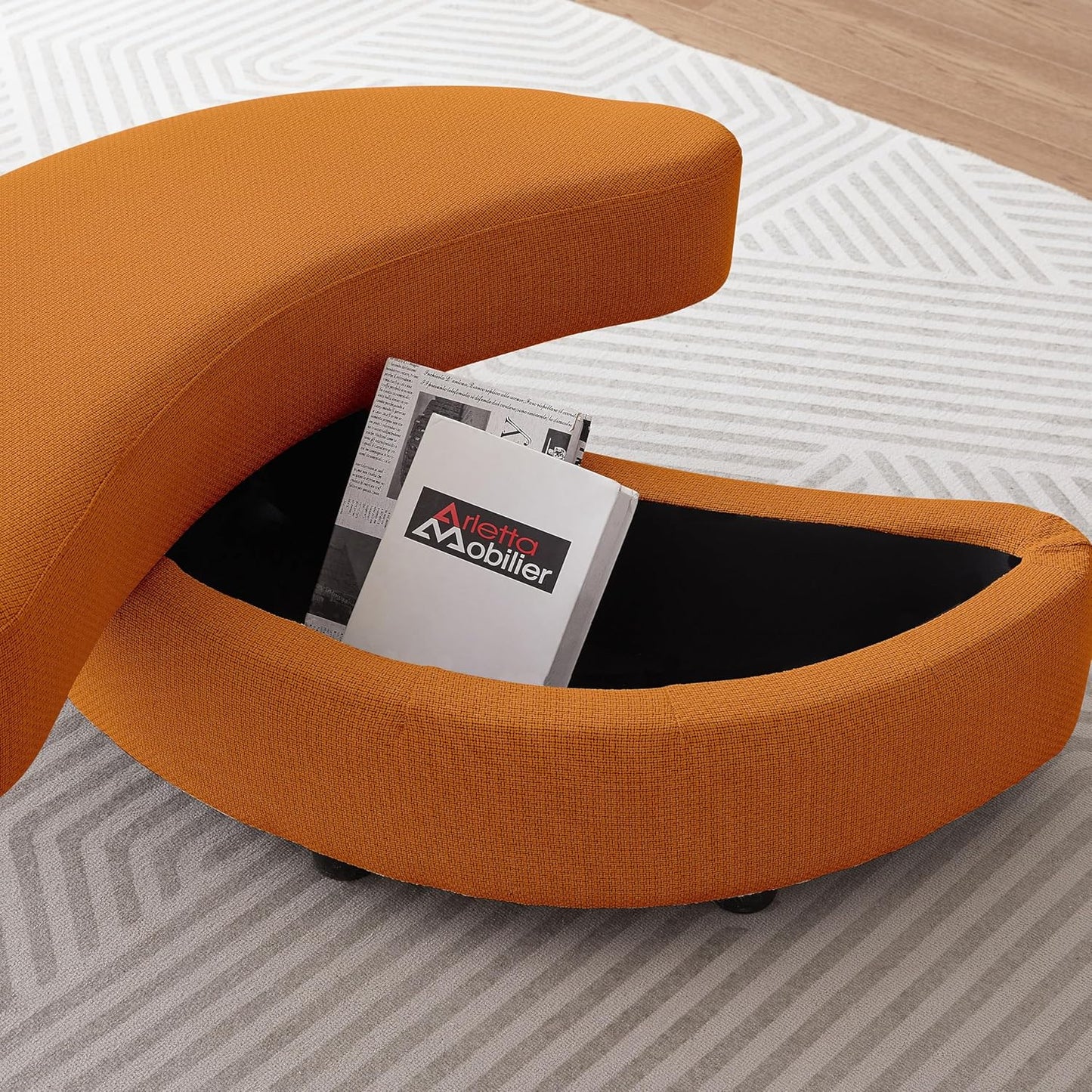 51.2'' Oversized Barrel Armchair with Storage Ottoman，Round Single Reading Upholstered Chairs,Recliner Sofa Chaise with 4 Movable Pillows for Living Room(Orange+Linen)