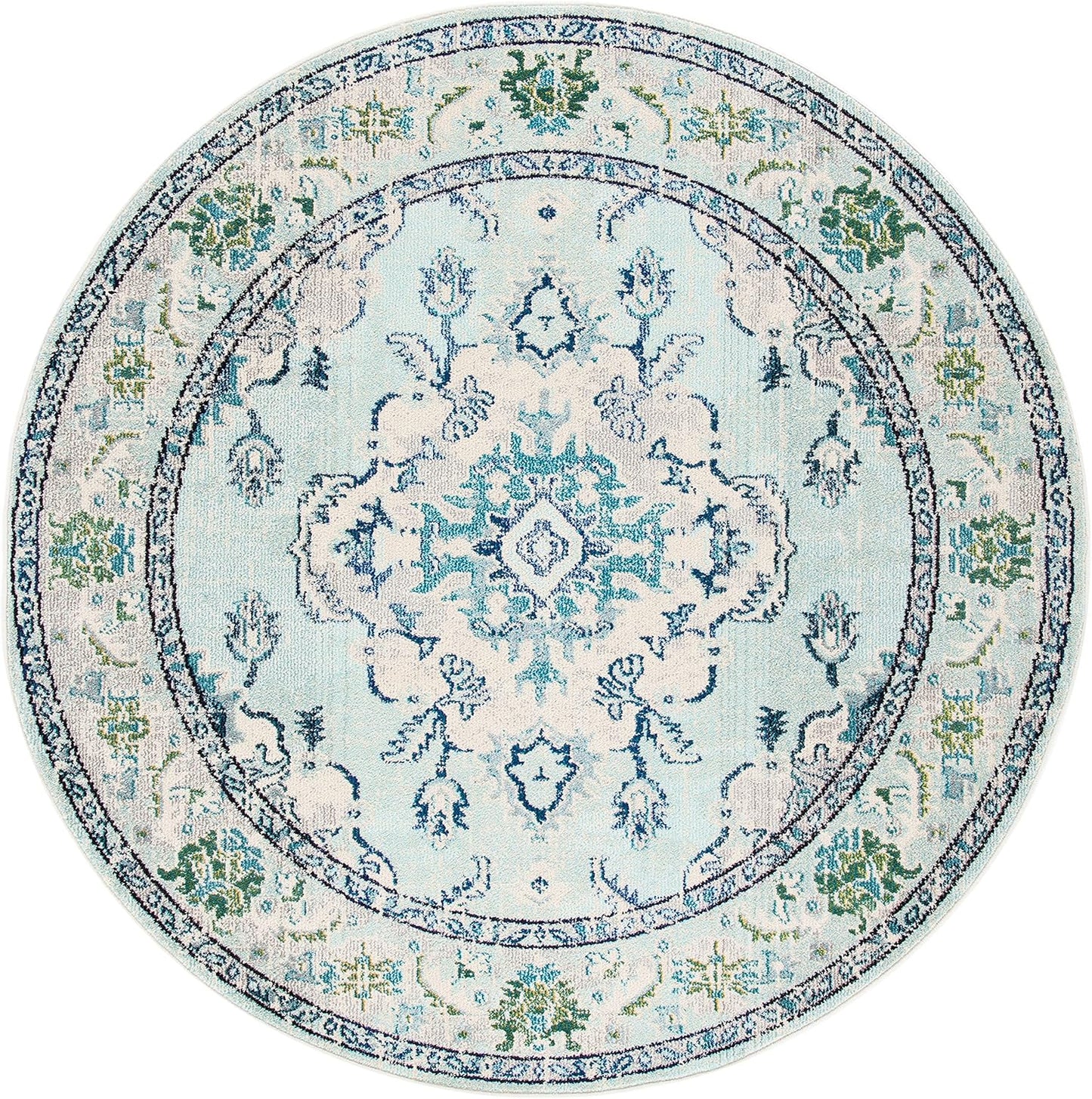 SAFAVIEH Monaco Collection Area Rug - 6'7" Round, Light Blue & Ivory, Boho Chic Medallion Distressed Design, Non-Shedding & Easy Care, Ideal for High Traffic Areas in Living Room, Bedroom (MNC243K)