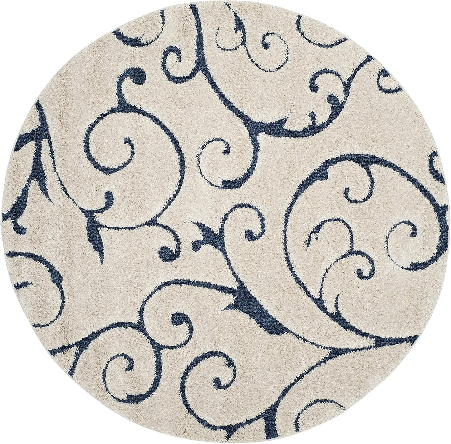 SAFAVIEH Florida Shag Collection Area Rug - 6'7" Round, Cream & Blue, Scroll Design, Non-Shedding & Easy Care, 1.2-inch Thick Ideal for High Traffic Areas in Living Room, Bedroom (SG455-1165)