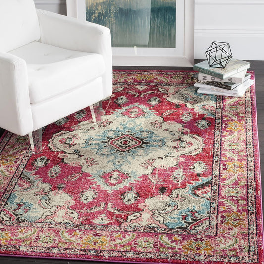 SAFAVIEH Monaco Collection Area Rug - 4' Square, Pink & Multi, Boho Chic Medallion Distressed Design, Non-Shedding & Easy Care, Ideal for High Traffic Areas in Living Room, Bedroom (MNC243D)