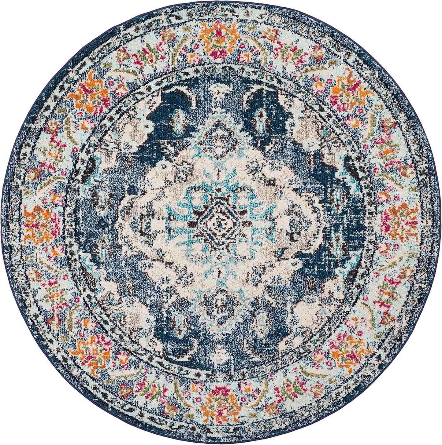 SAFAVIEH Monaco Collection Area Rug - 11' Round, Navy & Light Blue, Boho Chic Medallion Distressed Design, Non-Shedding & Easy Care, Ideal for High Traffic Areas in Living Room, Bedroom (MNC243N)