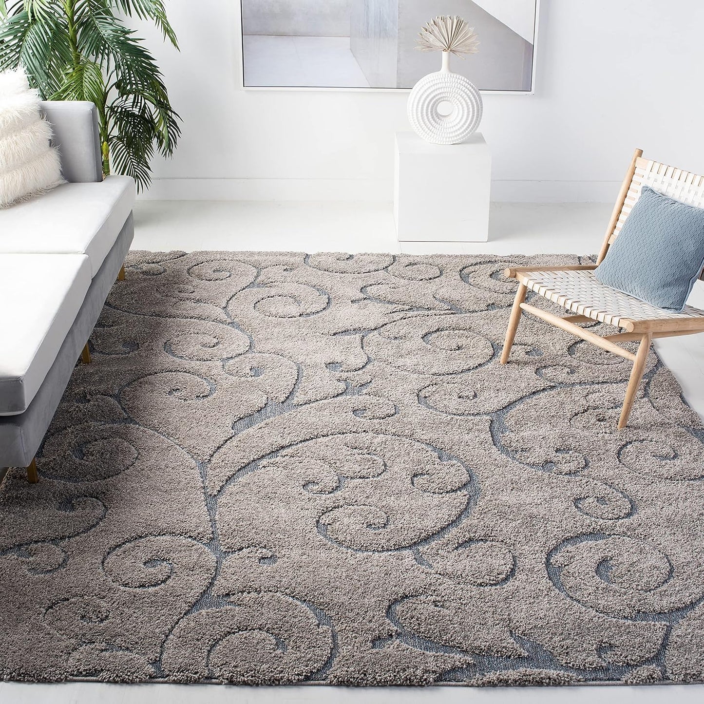 SAFAVIEH Florida Shag Collection Area Rug - 9'6" x 13', Grey & Light Blue, Scroll Design, Non-Shedding & Easy Care, 1.2-inch Thick Ideal for High Traffic Areas in Living Room, Bedroom (SG455-1160)