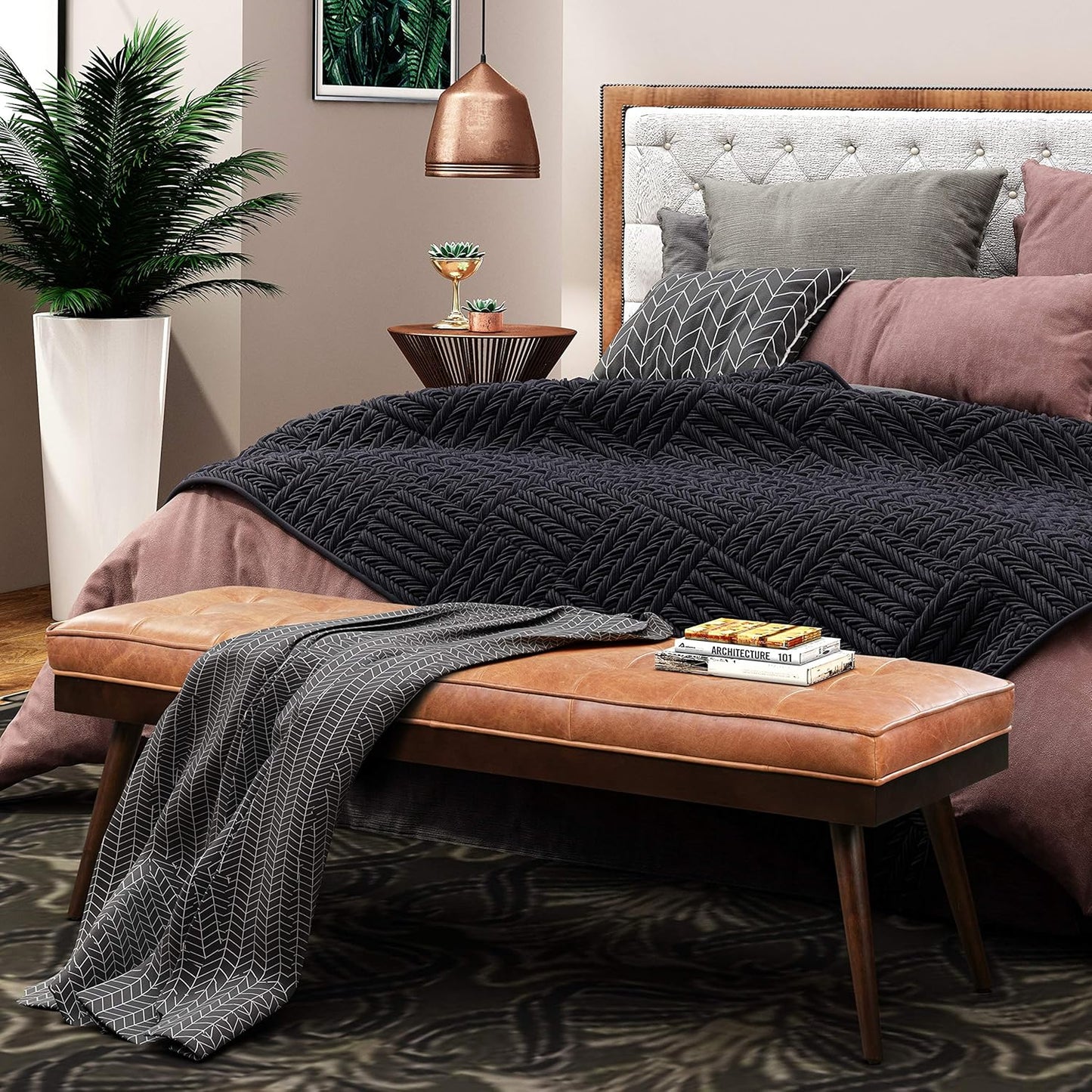 POLY & BARK 55" Tufted Leather Bed Bench for Bedroom End of Bed - Living Room Entry Way Bench - Pure Italian Leather Upholstery with a Solid Wood Frame - Ottoman Bench with Wooden Legs - Cognac Tan