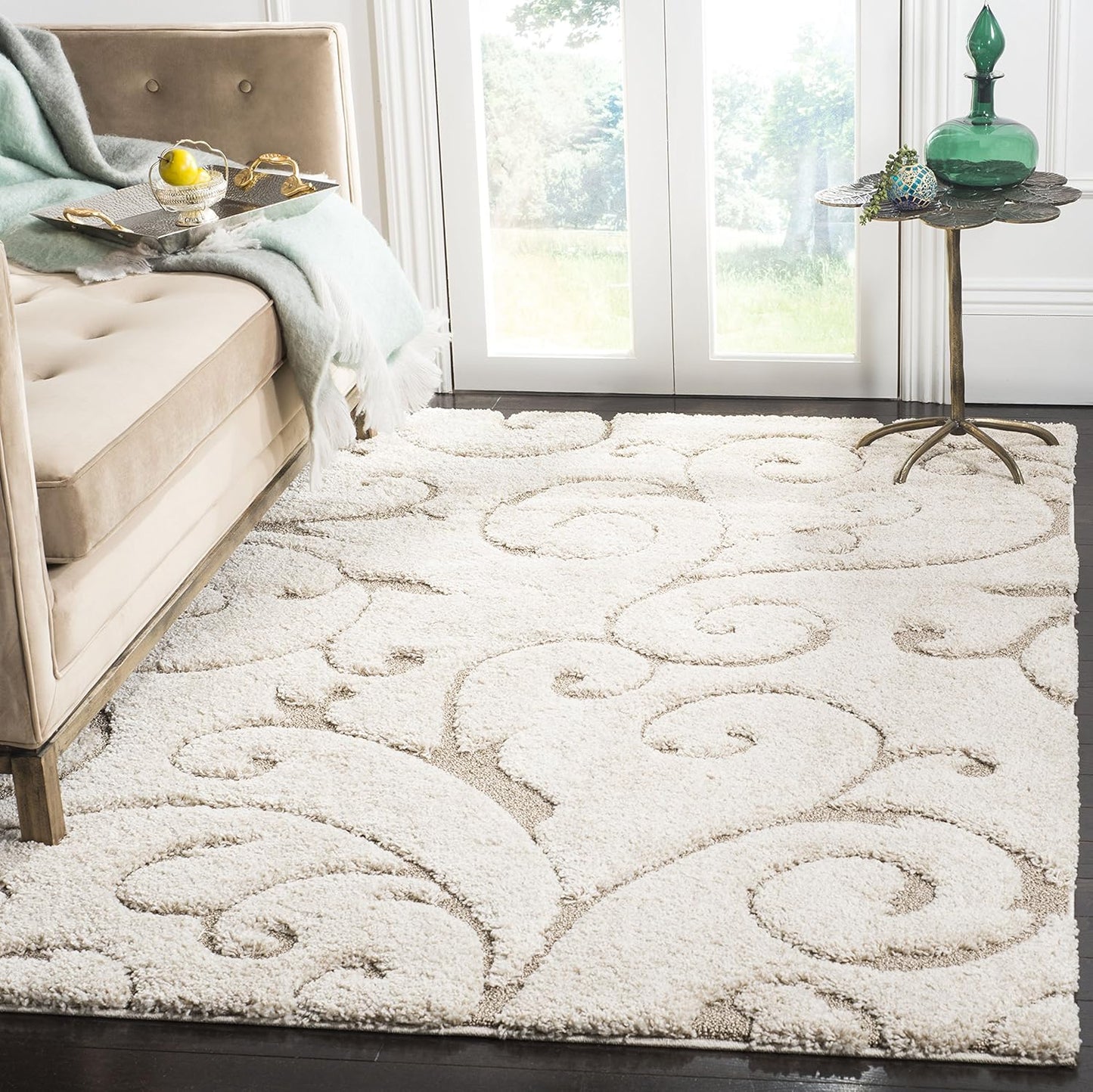SAFAVIEH Florida Shag Collection Accent Rug - 3'3" x 5'3", Cream & Beige, Scroll, Non-Shedding & Easy Care, 1.2-inch Thick Ideal for High Traffic Areas in Entryway, Living Room, Bedroom (SG455-1113)