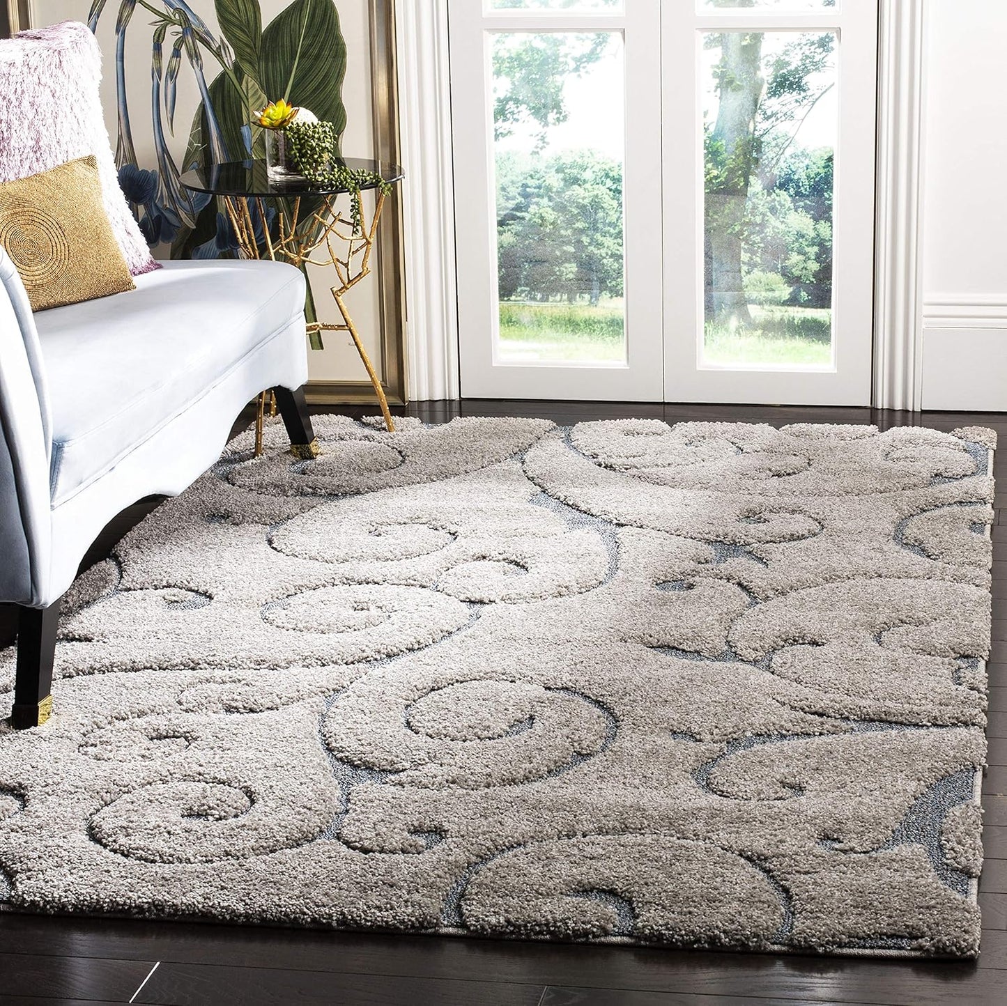 SAFAVIEH Florida Shag Collection Accent Rug - 4' x 6', Grey & Light Blue, Scroll, Non-Shedding & Easy Care, 1.2-inch Thick Ideal for High Traffic Areas in Entryway, Living Room, Bedroom (SG455-1160)