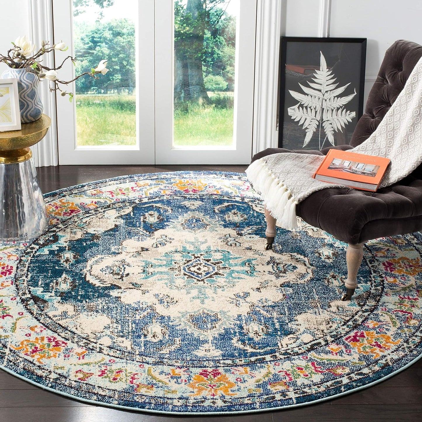 SAFAVIEH Monaco Collection Area Rug - 4' Round, Navy & Light Blue, Boho Chic Medallion Distressed Design, Non-Shedding & Easy Care, Ideal for High Traffic Areas in Living Room, Bedroom (MNC243N)