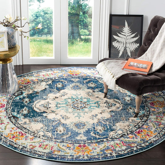 SAFAVIEH Monaco Collection Area Rug - 4' Round, Navy & Light Blue, Boho Chic Medallion Distressed Design, Non-Shedding & Easy Care, Ideal for High Traffic Areas in Living Room, Bedroom (MNC243N)