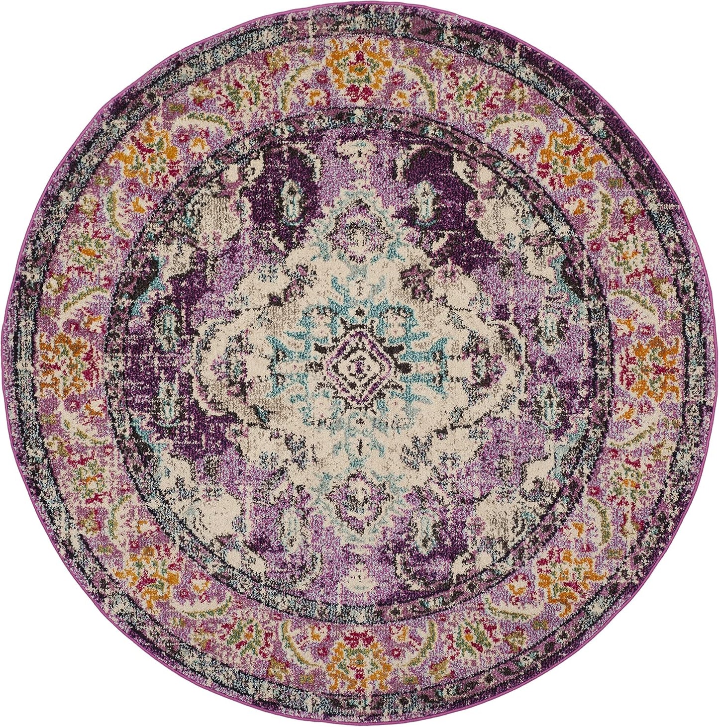 SAFAVIEH Monaco Collection Area Rug - 8'8" Round, Violet & Light Blue, Boho Chic Medallion Distressed Design, Non-Shedding & Easy Care, Ideal for High Traffic Areas in Living Room, Bedroom (MNC243L)