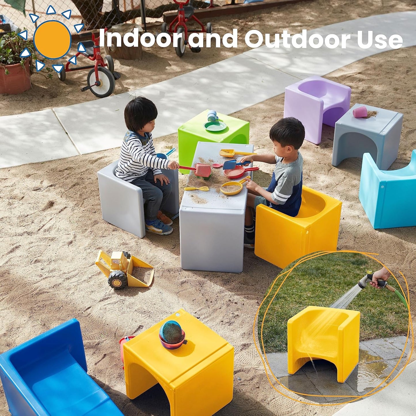 ECR4Kids Tri-Me Table and Cube Chair Set, Multipurpose Furniture, Yellow, 3-Piece