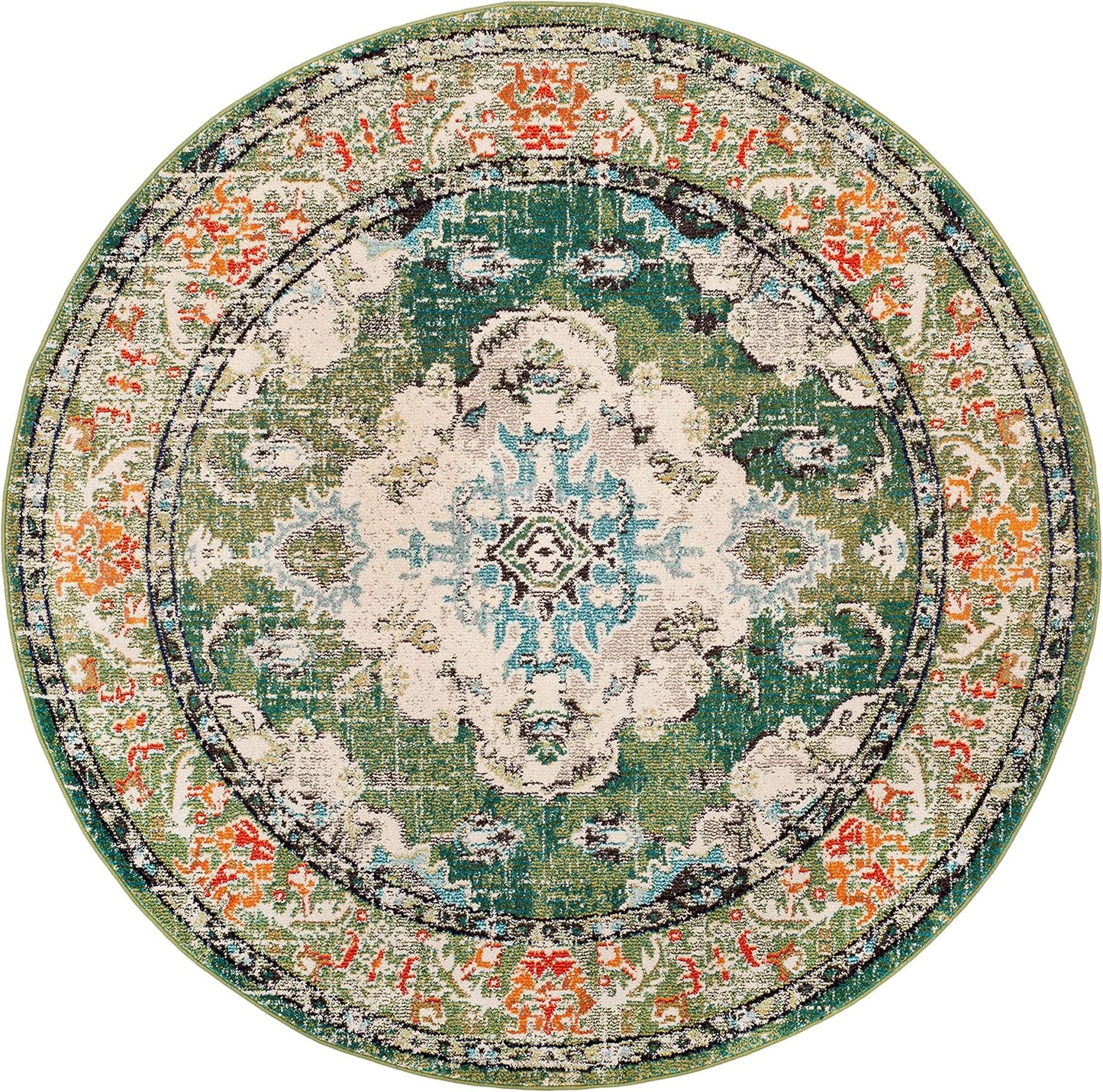 SAFAVIEH Monaco Collection Area Rug - 6'7" Round, Forest Green & Light Blue, Medallion Distressed Design, Non-Shedding & Easy Care, Ideal for High Traffic Areas in Living Room, Bedroom (MNC243F)