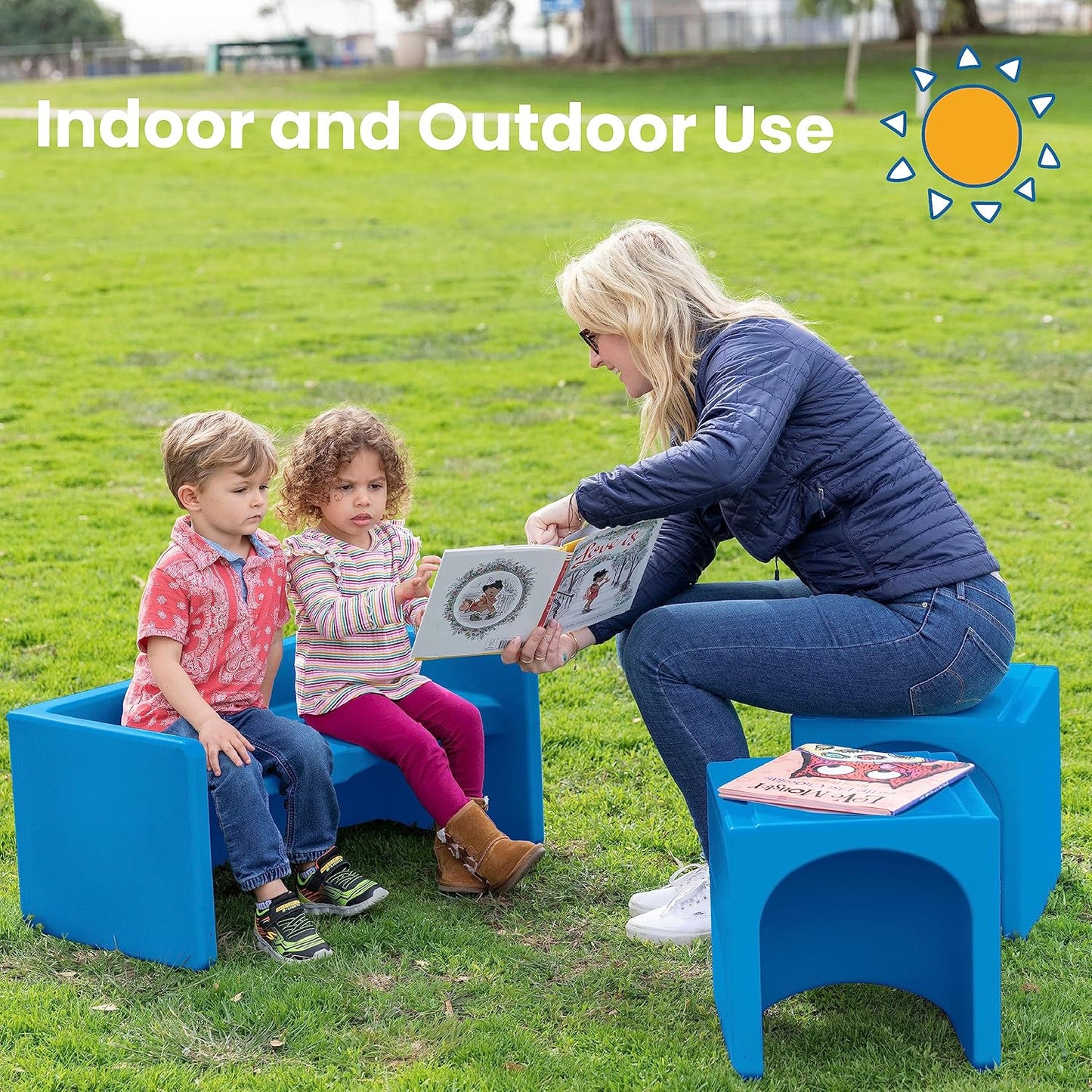 ECR4Kids Tri-Me Table and Cube Chair Set, Multipurpose Furniture, Blue, 3-Piece