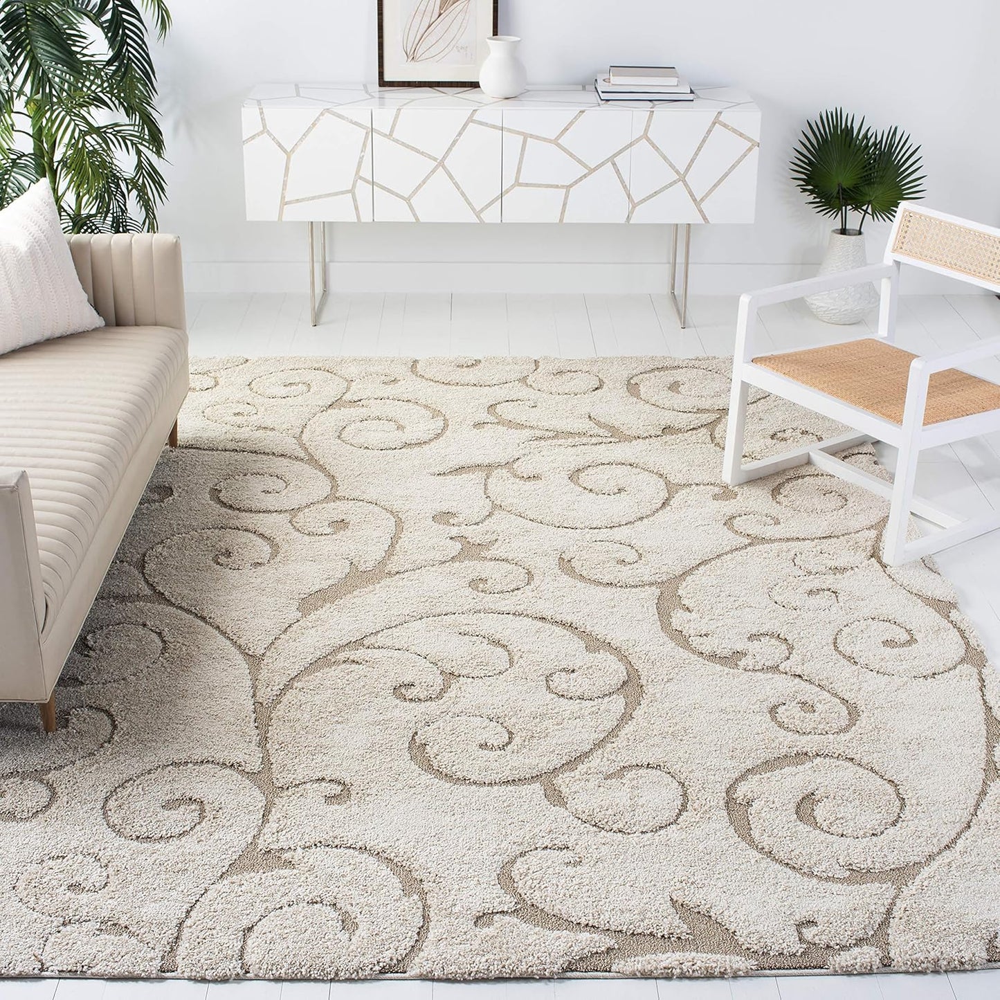 SAFAVIEH Florida Shag Collection Area Rug - 9'6" x 13', Cream & Beige, Scroll Design, Non-Shedding & Easy Care, 1.2-inch Thick Ideal for High Traffic Areas in Living Room, Bedroom (SG455-1113)