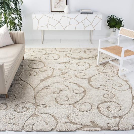 SAFAVIEH Florida Shag Collection Area Rug - 9'6" x 13', Cream & Beige, Scroll Design, Non-Shedding & Easy Care, 1.2-inch Thick Ideal for High Traffic Areas in Living Room, Bedroom (SG455-1113)
