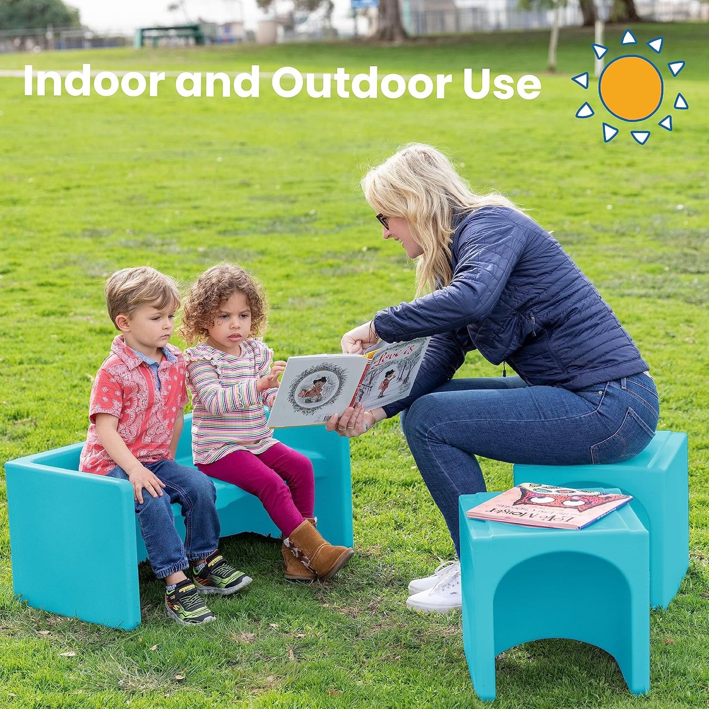 ECR4Kids Tri-Me Table and Cube Chair Set, Multipurpose Furniture, Cyan, 3-Piece