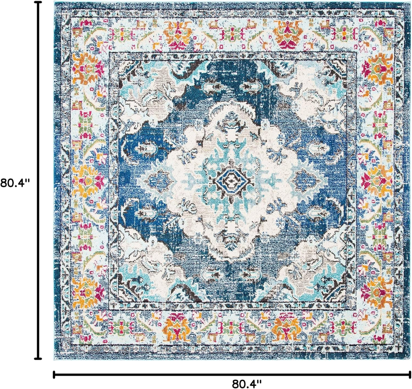 SAFAVIEH Monaco Collection Area Rug - 6'7" Square, Navy & Light Blue, Boho Chic Medallion Distressed Design, Non-Shedding & Easy Care, Ideal for High Traffic Areas in Living Room, Bedroom (MNC243N)
