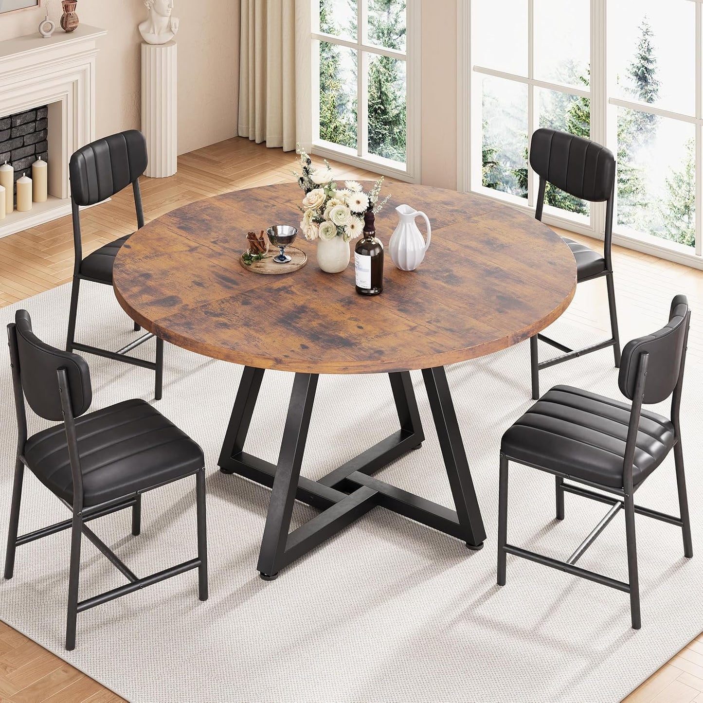 42“ Round Kitchen Dining Room Table for 2-4, Circle Dining Dinner Table with Pedestal Metal Frame, Space Saving Wood Industrial Furniture for Small Space (Rustic Brown, 42IN)