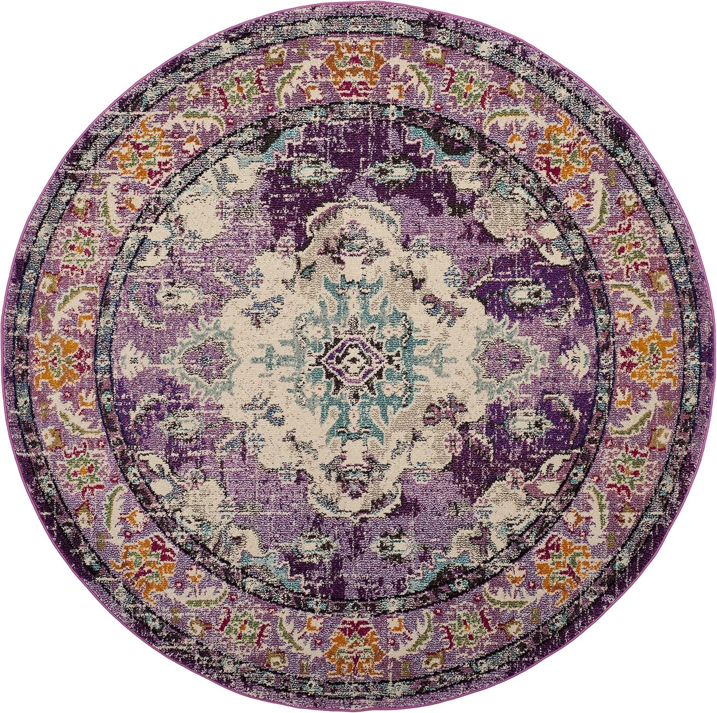 SAFAVIEH Monaco Collection Area Rug - 6'7" Round, Violet & Light Blue, Boho Chic Medallion Distressed Design, Non-Shedding & Easy Care, Ideal for High Traffic Areas in Living Room, Bedroom (MNC243L)