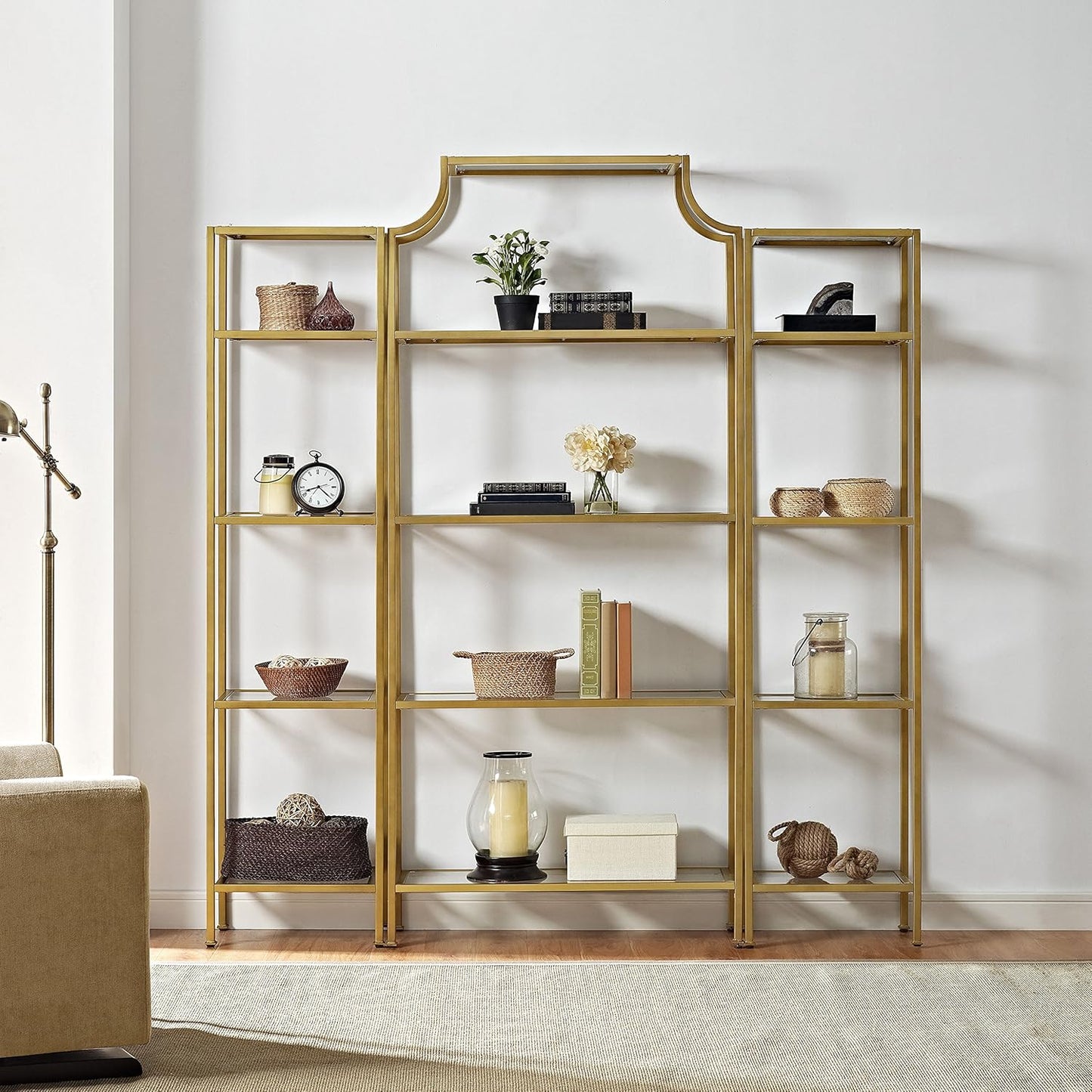 Crosley Furniture Aimee 3-Piece Bookshelf Set with Glass Shelves, Bookcase Storage, Gold and Glass