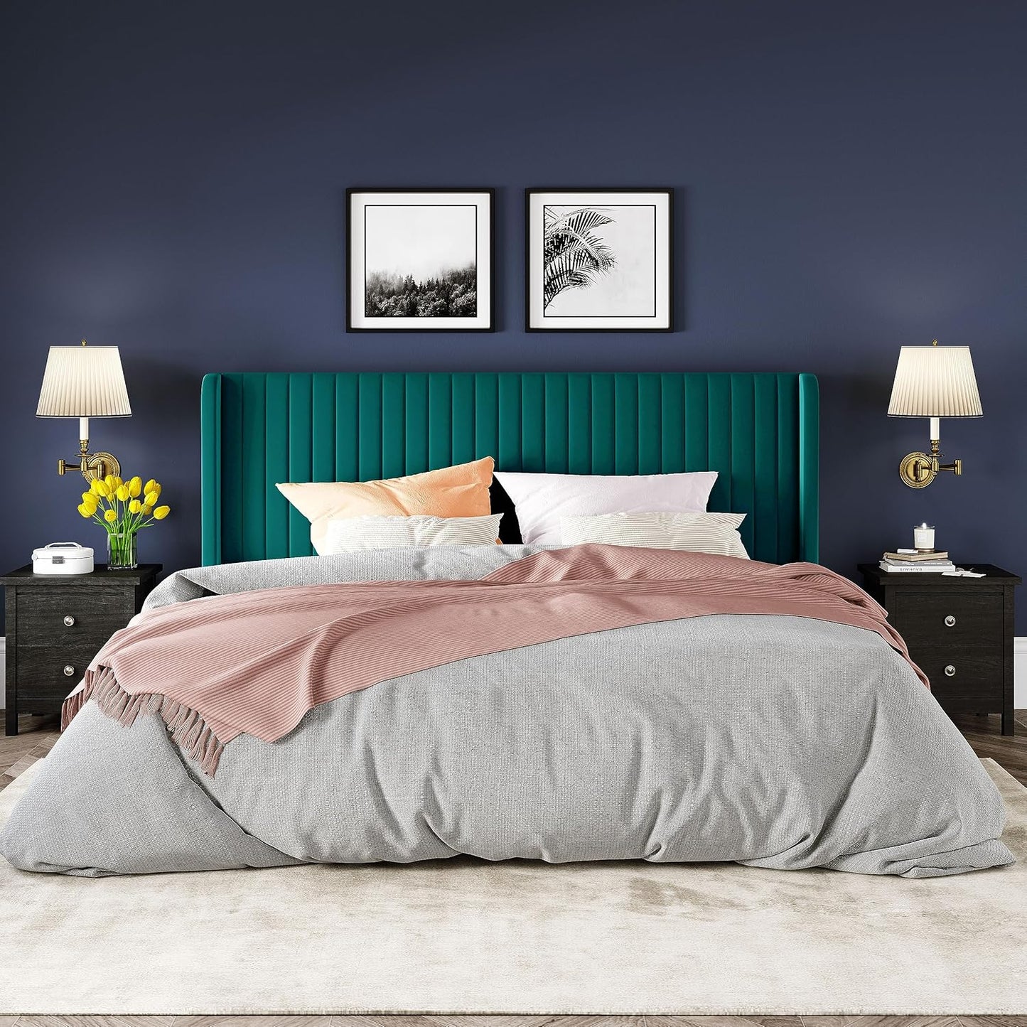 Allewie King Size Bed Frame/Velvet Upholstered Platform Bed/Vertical Channel Tufted Wingback Headboard/Strong Wooden Slats/No Box Spring Needed/Easy Assembly/Teal