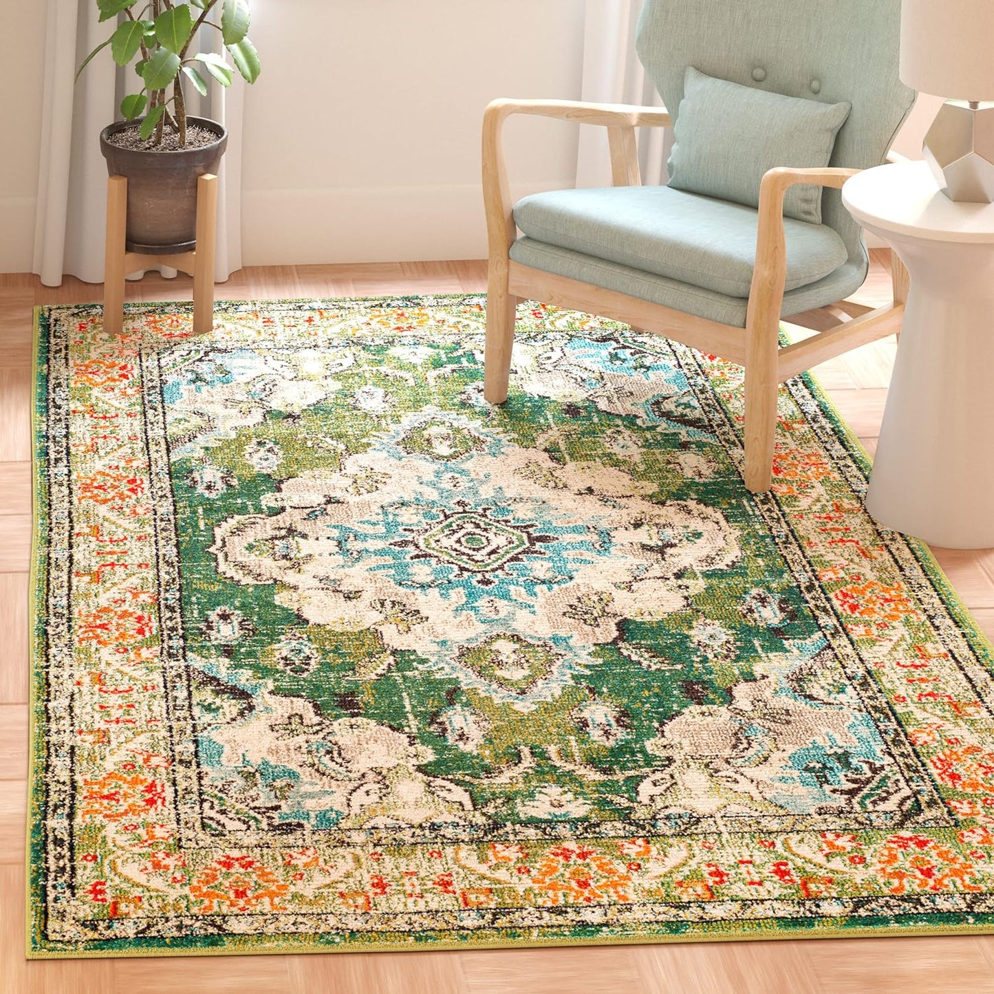 SAFAVIEH Monaco Collection X-Large Area Rug - 11' x 15', Forest Green & Light Blue, Medallion Distressed, Non-Shedding & Easy Care, Ideal for High Traffic Areas in Living Room, Bedroom (MNC243F)