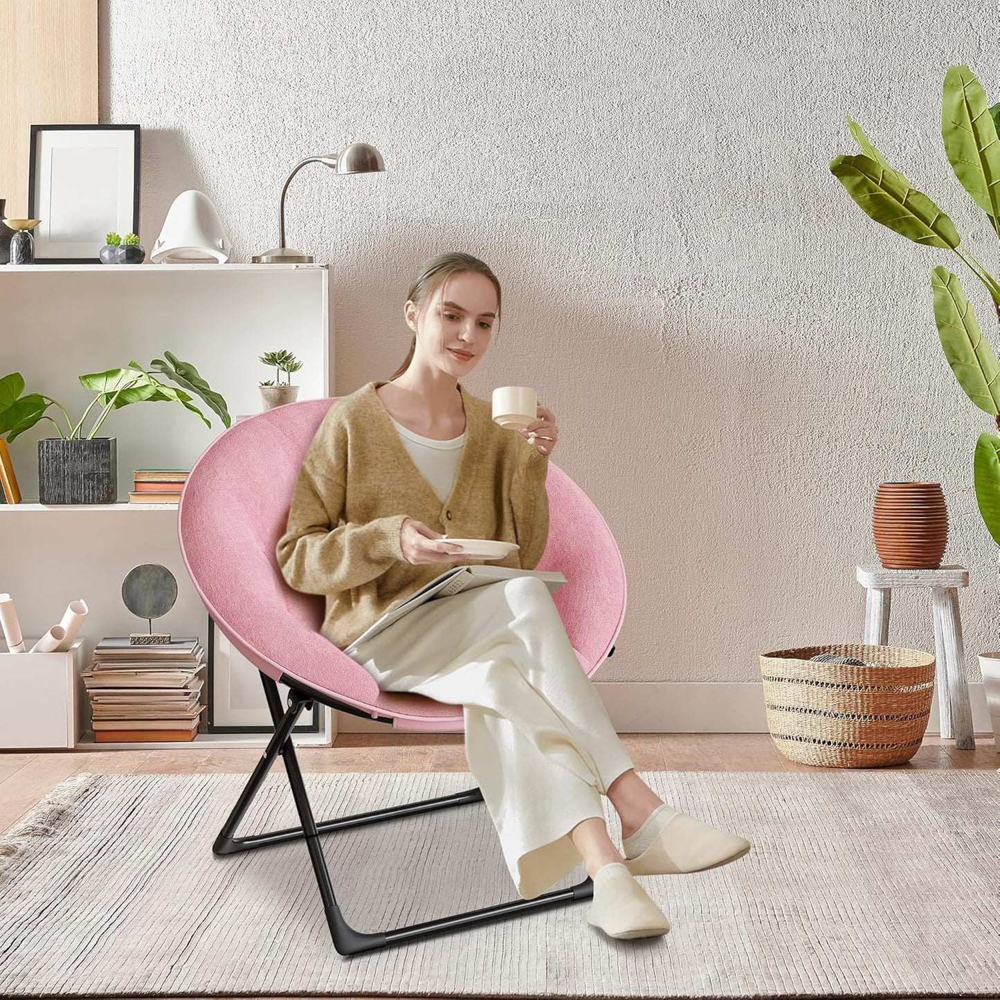 Saucer Chair, XL Foldable Lounge Chair for Bedroom/Dorm, Plush Comfy Seat with Non-Slip Base for Teens & Adults, Faux Fur Accent Chair, Pink