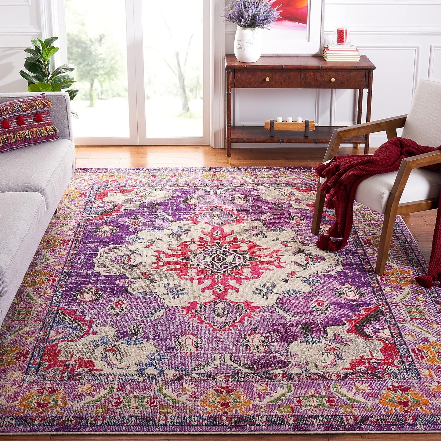 SAFAVIEH Monaco Collection Area Rug - 5' Square, Violet & Fuchsia, Boho Chic Medallion Distressed Design, Non-Shedding & Easy Care, Ideal for High Traffic Areas in Living Room, Bedroom (MNC243P)