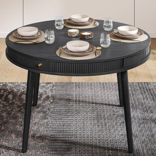 WERMO 47'' Black Round Dining Table for 4 People - Pre Assembled Black Round Kitchen Table with 2 Hidden Storages (Black Oak)