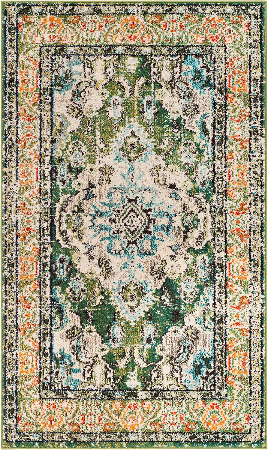 SAFAVIEH Monaco Collection Accent Rug - 3' x 5', Forest Green & Light Blue, Distressed Design, Non-Shedding & Easy Care, Ideal for High Traffic Areas in Entryway, Living Room, Bedroom (MNC243F)