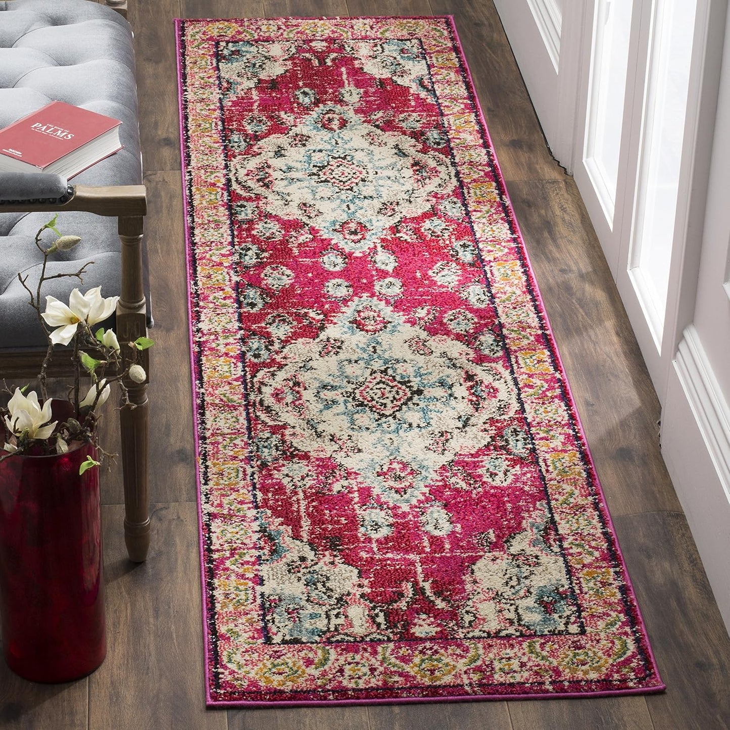 SAFAVIEH Monaco Collection Runner Rug - 2'2" x 18', Pink & Multi, Boho Chic Medallion Distressed Design, Non-Shedding & Easy Care, Ideal for High Traffic Areas in Living Room, Bedroom (MNC243D)