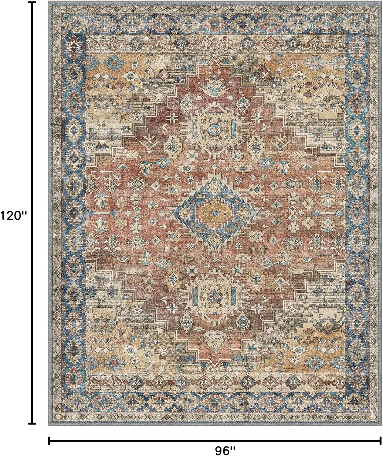 GENIMO 8x10 Area Rugs for Living Room, Machine Washable Non Slip Vintage Rugs, Low Pile Lightweight Chenille Print Rug for Bedroom, Dining Room, Home Office, Antique Red