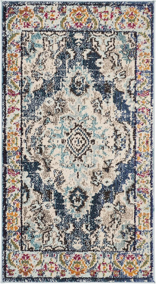 SAFAVIEH Monaco Collection Accent Rug - 2'2" x 4', Navy & Light Blue, Medallion Distressed Design, Non-Shedding & Easy Care, Ideal for High Traffic Areas in Entryway, Living Room, Bedroom (MNC243N)