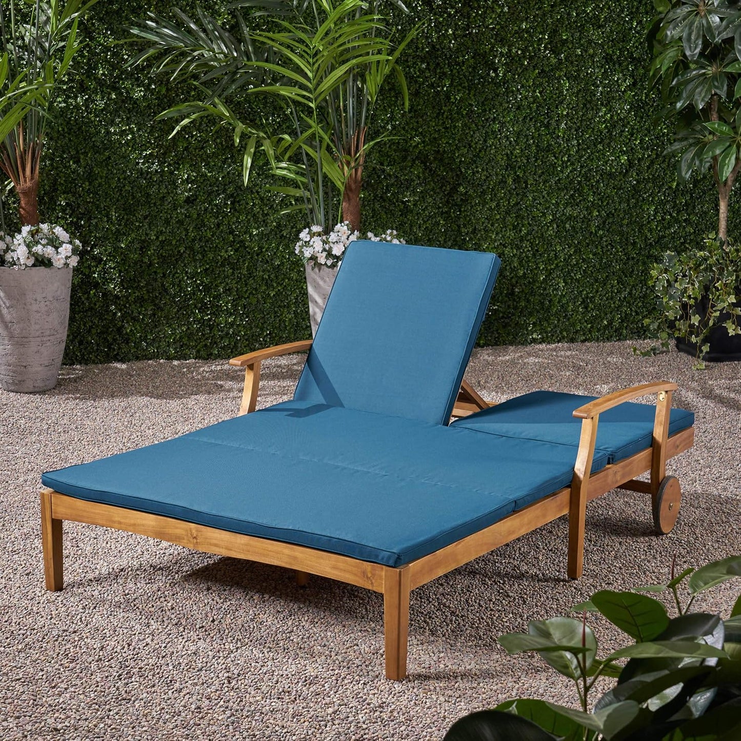 Christopher Knight Home Samantha Double Chaise Lounge for Yard and Patio, Acacia Wood Frame, Teak Finish with Blue Cushions