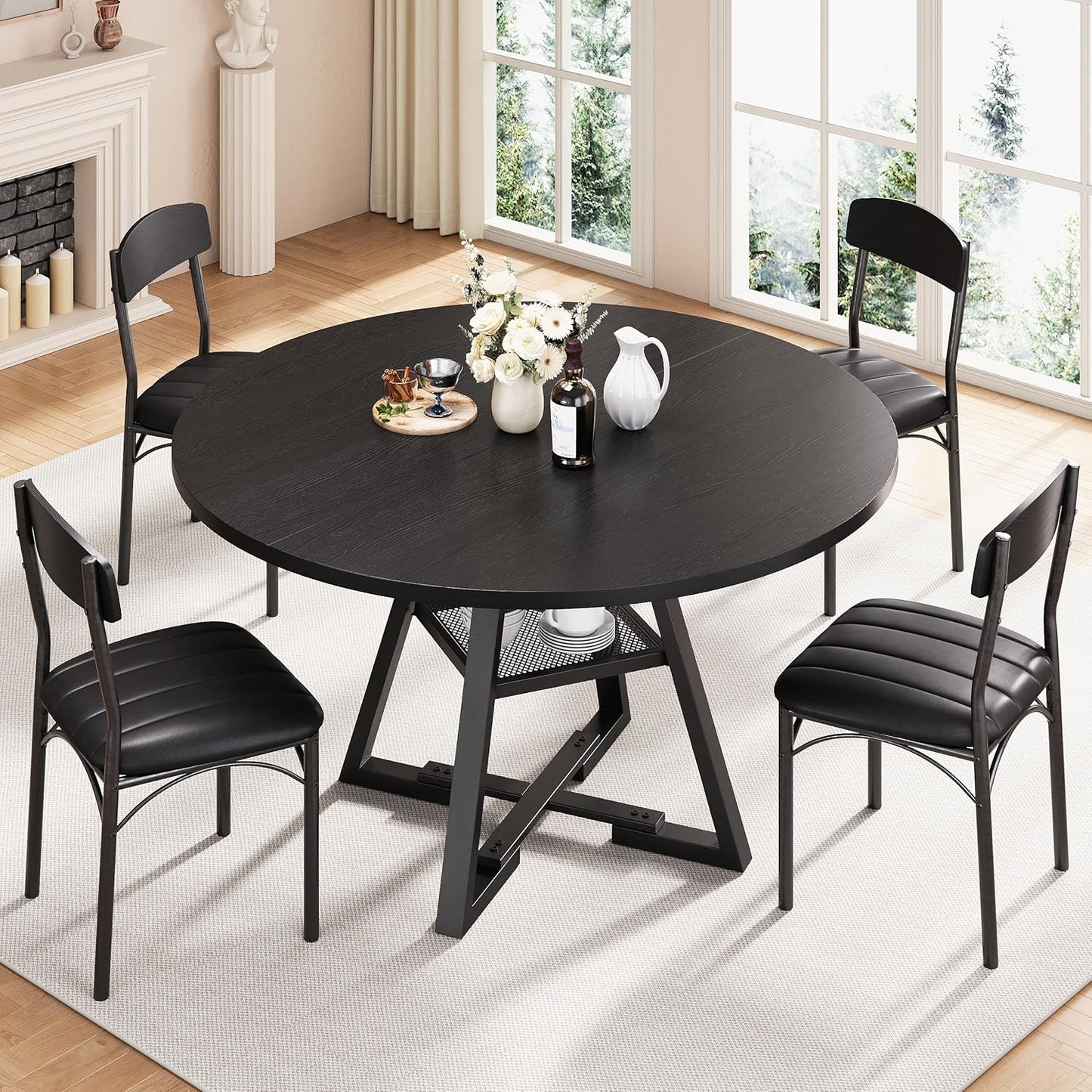 51‘’ Round Dining Table Set for 4, Kitchen Table and Chairs for 4, Circle Table Round Pedestal Dining Room Dinner Dinette Table Set,5 Piece Space Saving Wood Kitchen & Dining Room Tables (Black, 51In)