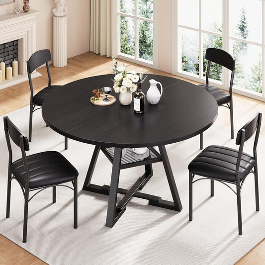 51‘’ Round Dining Table Set for 4, Kitchen Table and Chairs for 4, Circle Table Round Pedestal Dining Room Dinner Dinette Table Set,5 Piece Space Saving Wood Kitchen & Dining Room Tables (Black, 51In)