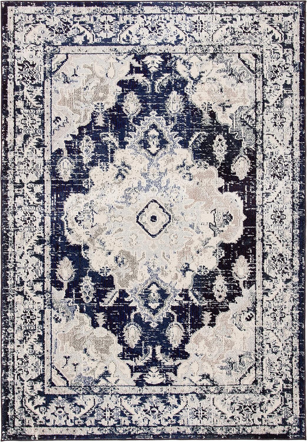 SAFAVIEH Monaco Collection Accent Rug - 3' x 5', Ivory & Navy, Boho Chic Medallion Distressed Design, Non-Shedding & Easy Care, Ideal for High Traffic Areas in Entryway, Living Room, Bedroom (MNC243C)