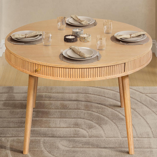 WERMO 47'' Round Dining Table for 4 People - Pre Assembled Round Kitchen Table with 2 Hidden Storages (Oak)