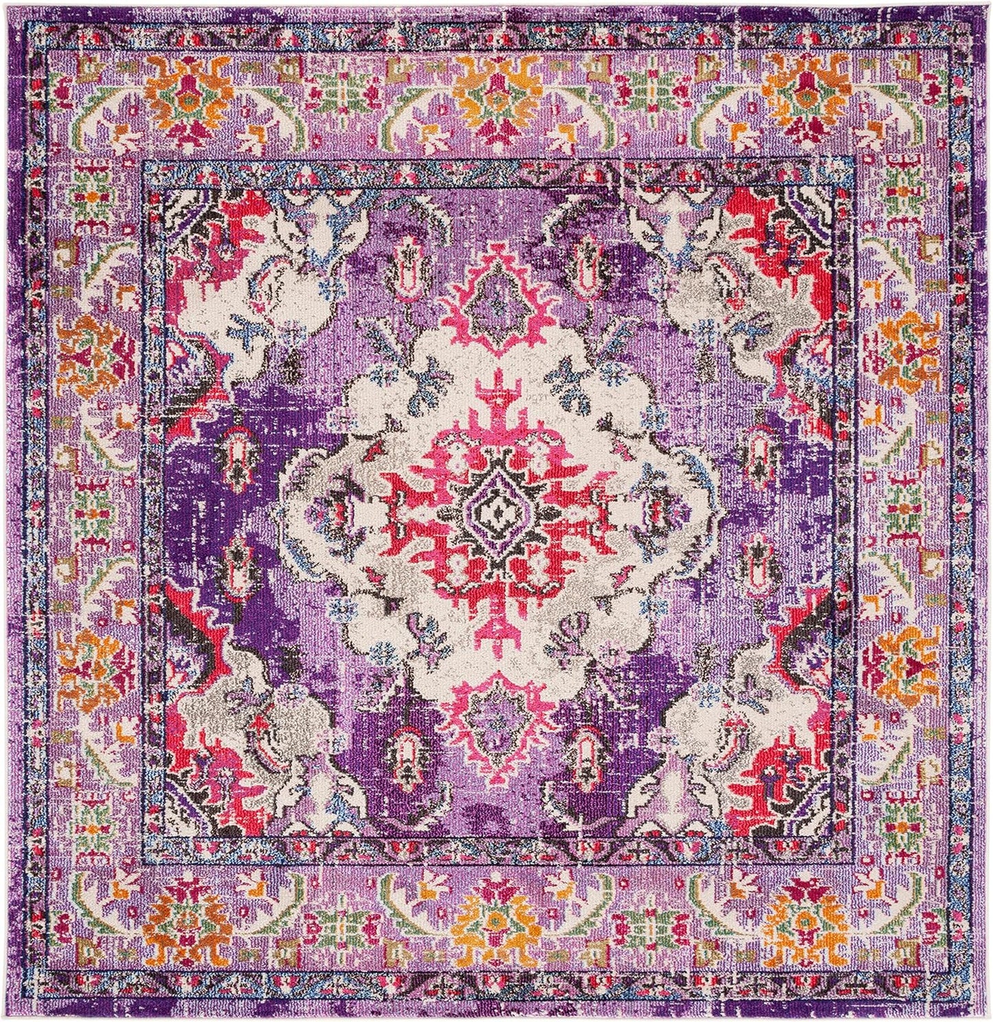 SAFAVIEH Monaco Collection Area Rug - 5' Square, Violet & Fuchsia, Boho Chic Medallion Distressed Design, Non-Shedding & Easy Care, Ideal for High Traffic Areas in Living Room, Bedroom (MNC243P)
